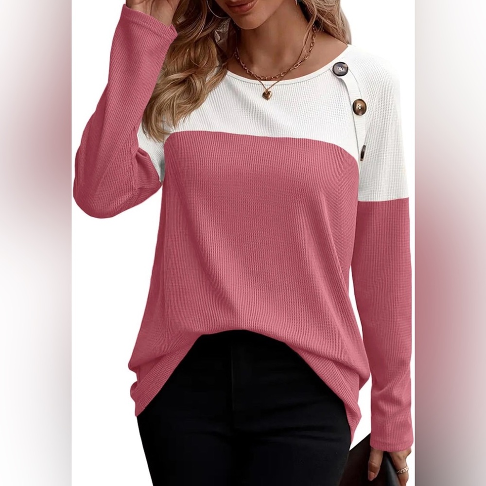 Colorblock Crewneck Pullover Top in Pink and White
